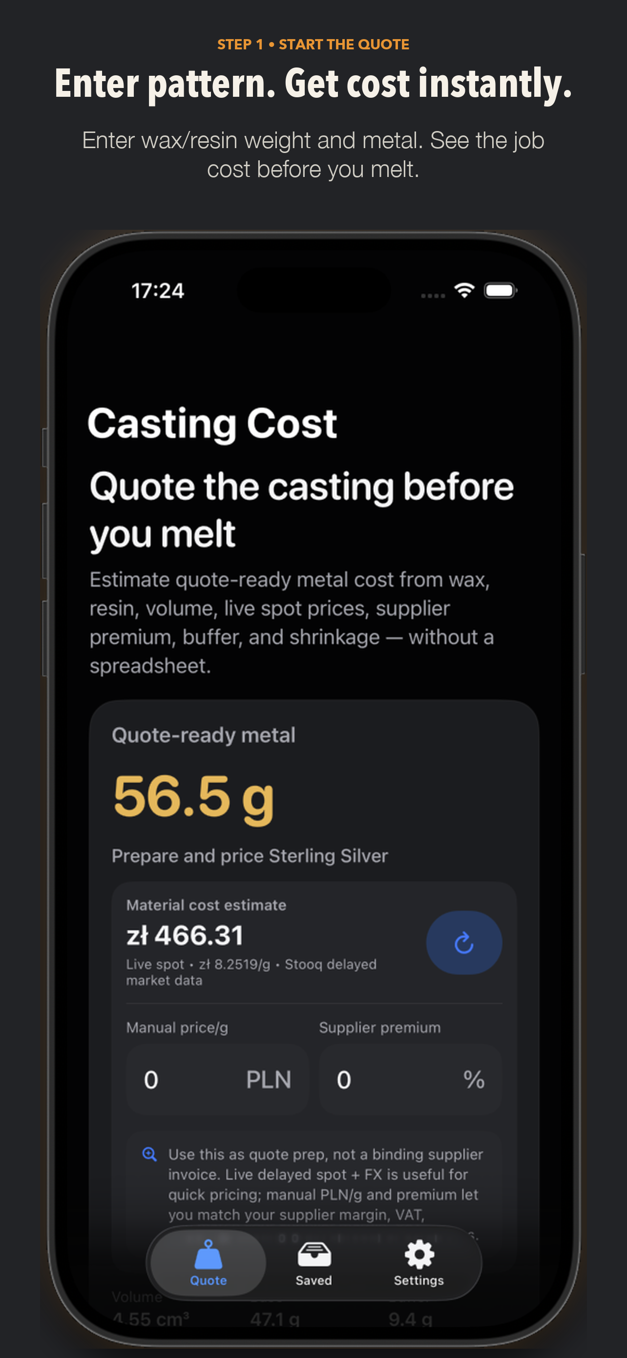 Enter wax or resin pattern weight and get casting cost